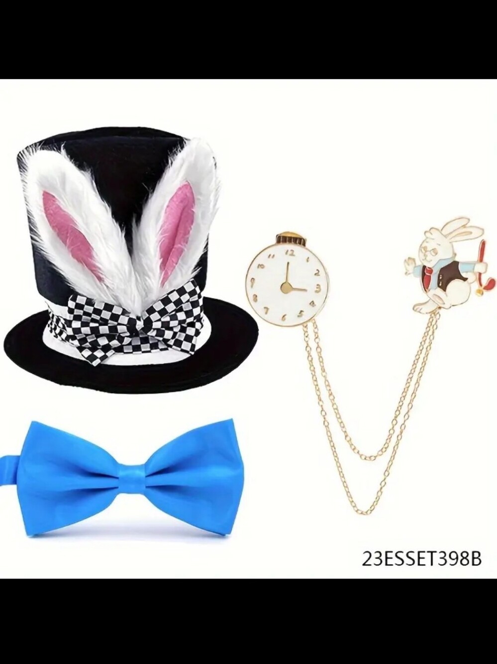 3pc White Rabbit Or "Velveteen Rabbit" Top Hat W/Ears, Pocket Watch Rabbit Chain